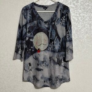 Shana Whimsical Moon Forest Graphic Print 3/4 Sleeve V-Neck Top Grey Blue S